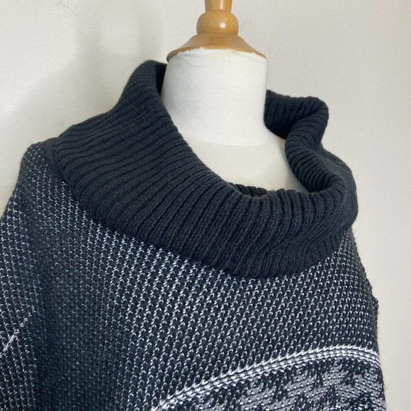 Indigo Black Button Side Fringe Cowl Neck Poncho L - Picture 2 of 11